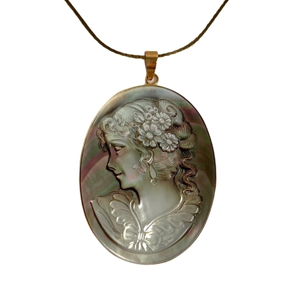 Vintage 14K Gold Cameo Black Mother Of Pearl Chain Womens‎ Profile Victorian